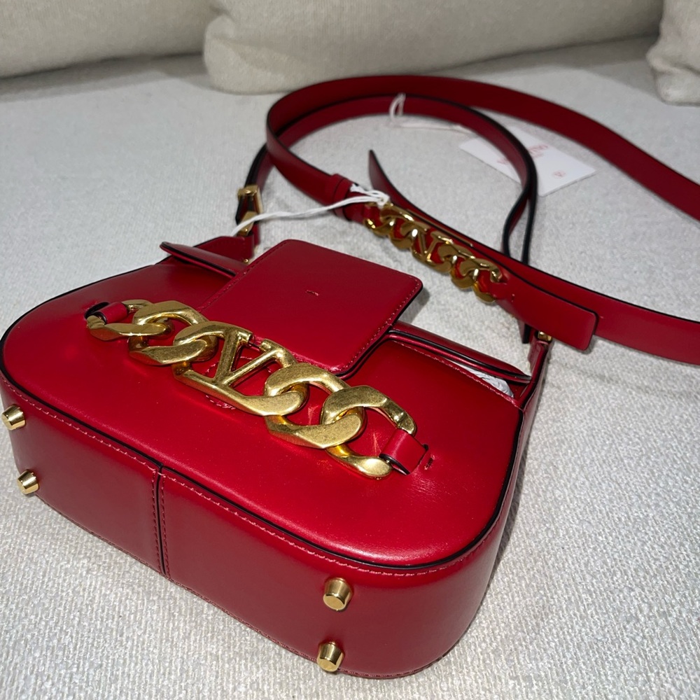 Valentino Garavani Logo Chain Leather Shoulder Bag & Belt (Rosso) (Sold as pair)